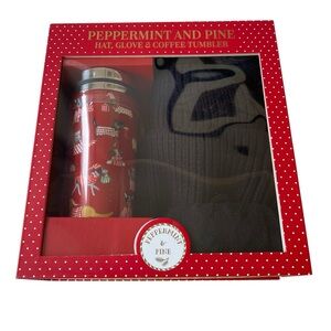Peppermint & Pine Holiday Hat Glove Coffee Tumbler Set Red Black Dog New In Box